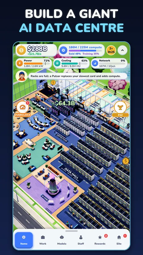 The Mega Hall, rows of racks running flat out