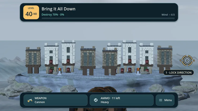Blast Havoc stage forty: a broad estate of stone and timber towers, with the cannon using Heavy ammunition