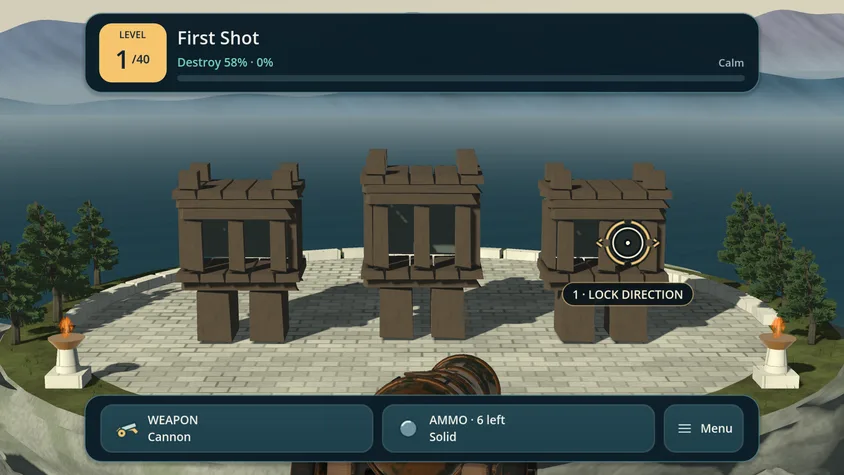 Blast Havoc stage one: a cannon aimed at three timber structures on a coastal platform