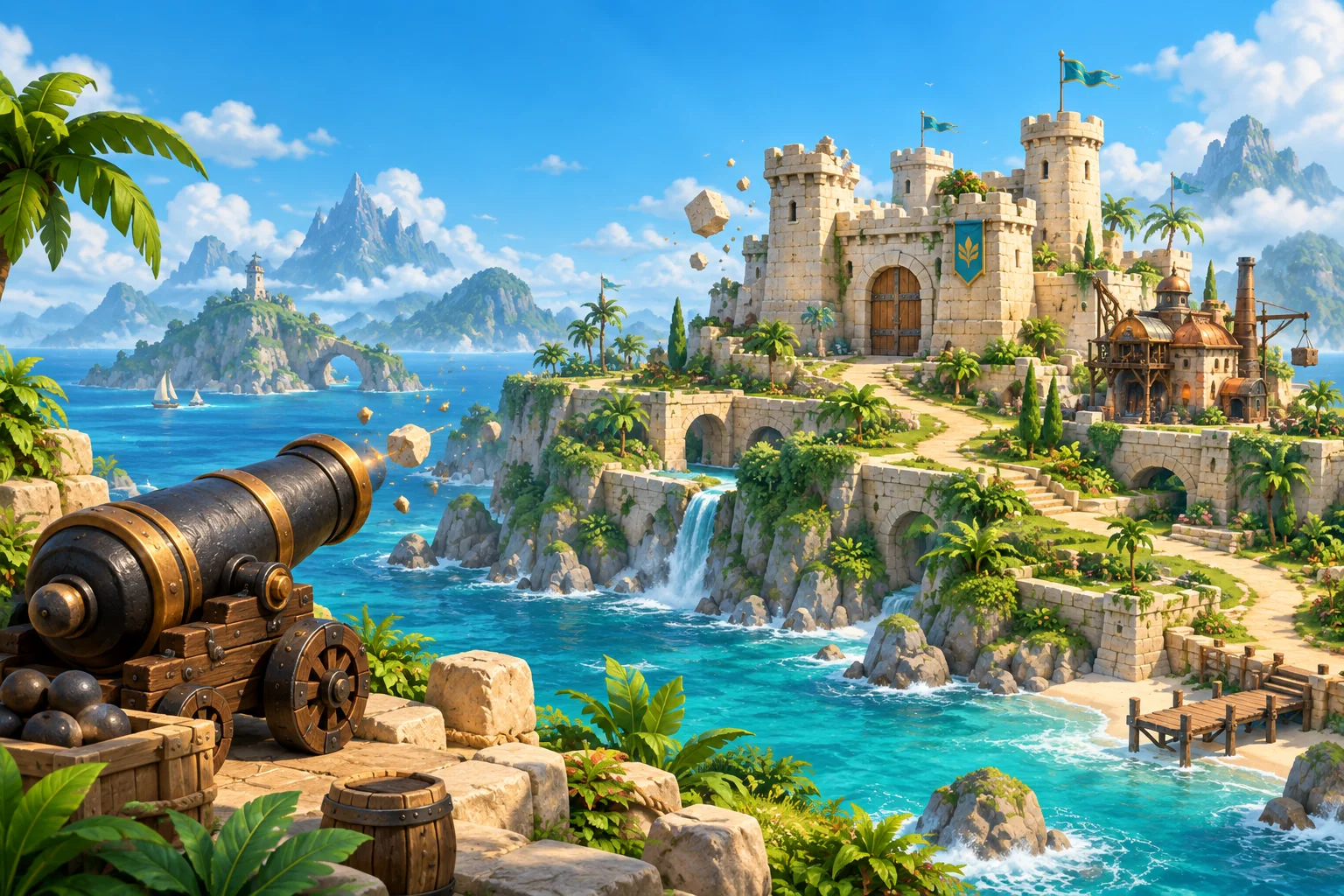 Illustrated coastal castle above turquoise water, with a cannon in the foreground